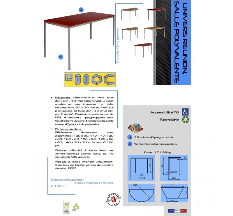 Table de réunion piètement fixe 120 x 80