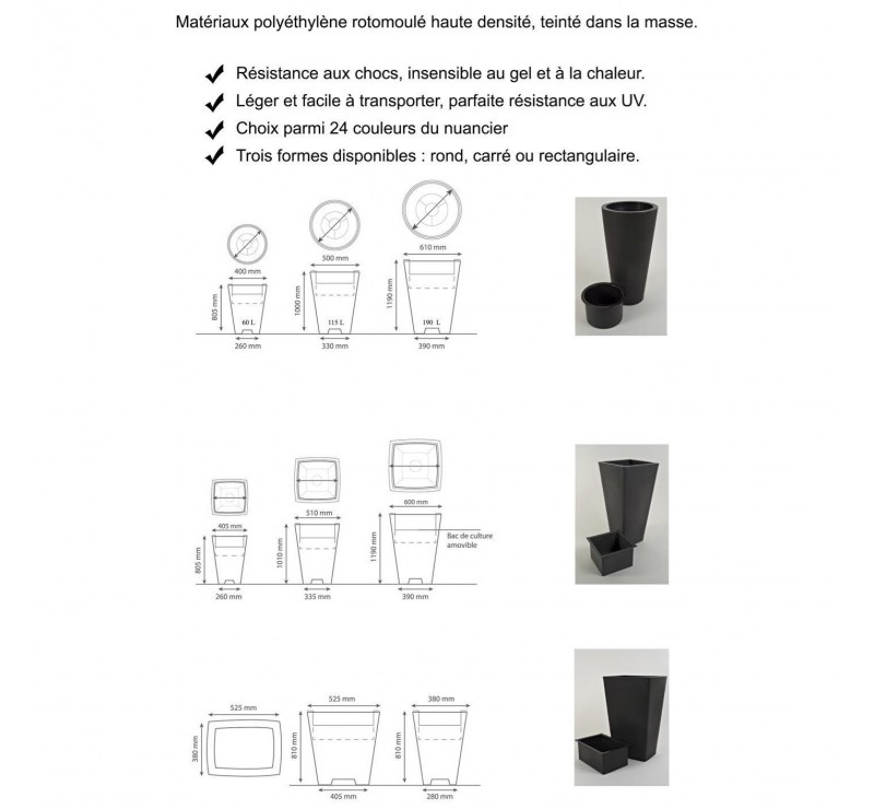 Lot de 10 jardinières carrées en polyéthylène : L 600 x 600 x h 1190 mm