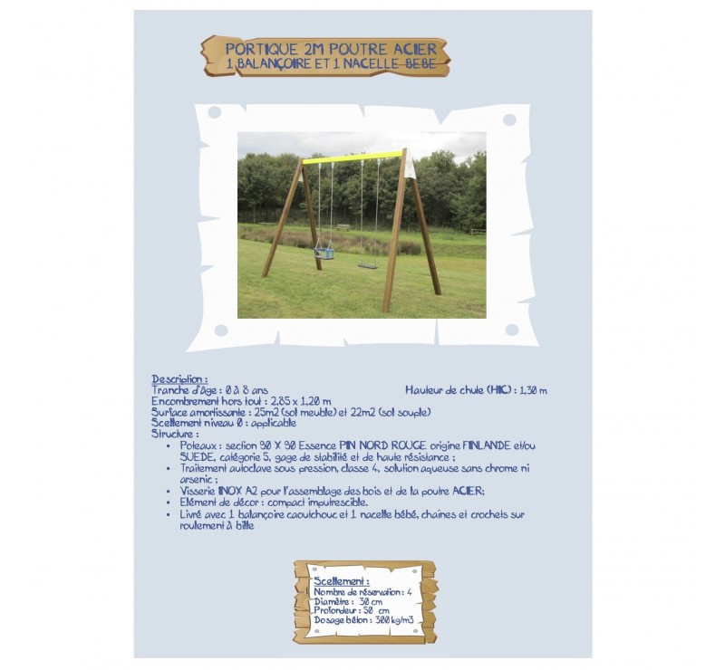 Portique-balançoire poutre acier galva peint avec nacelle bébé