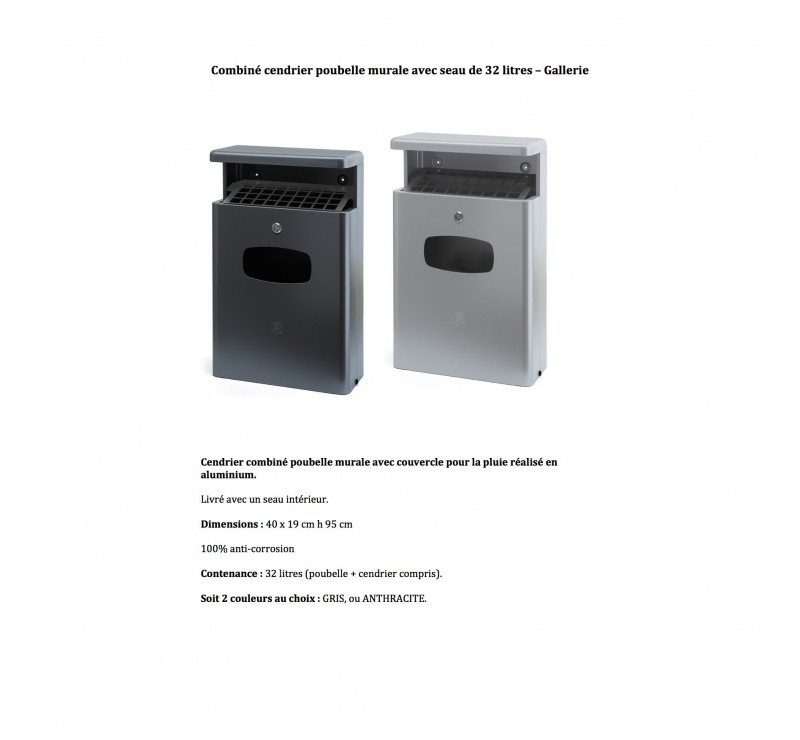 Cendrier-Poubelle murale avec seau de 32 litres - Gallerie Cendrier-Poubelle murale avec seau de 32 litres - Gallerie
