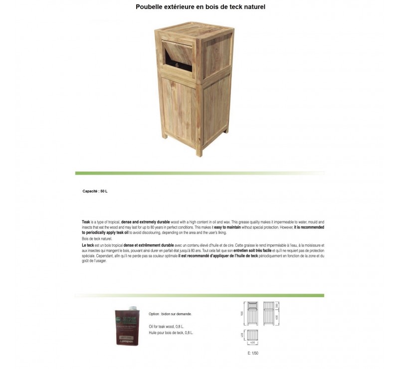 Corbeille robuste en bois de teck naturel 50 L