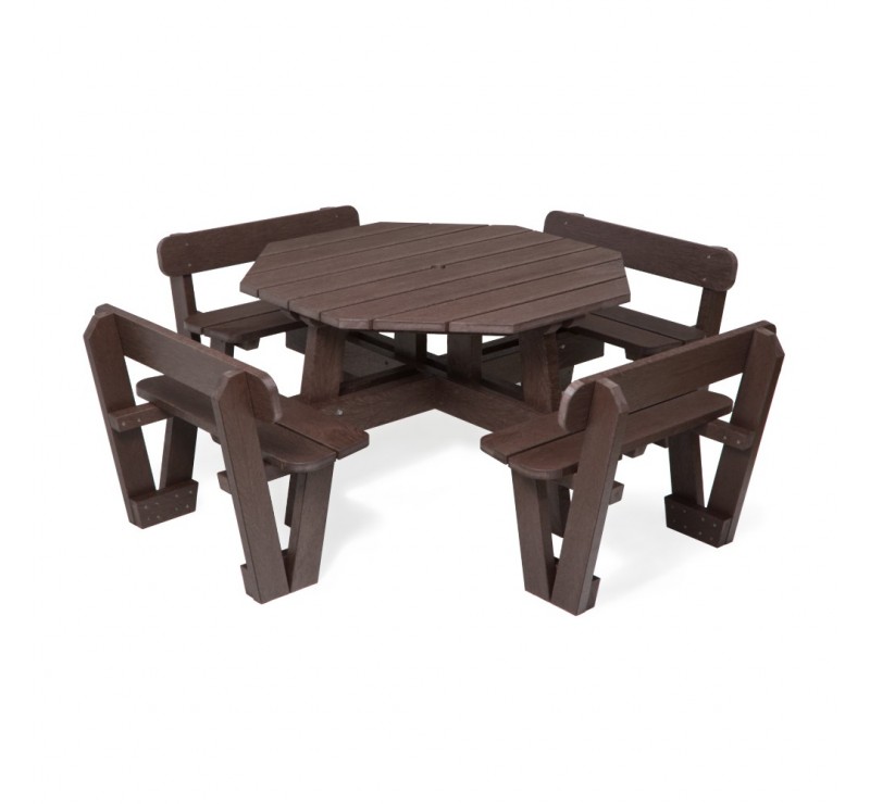 Table de pique-nique octogonale avec dossiers en plastique recyclé BRUN