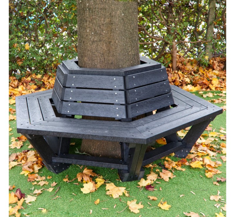 Banc tour d'arbre octogonal avec dossier en plastique recyclé - lot de 3 tables