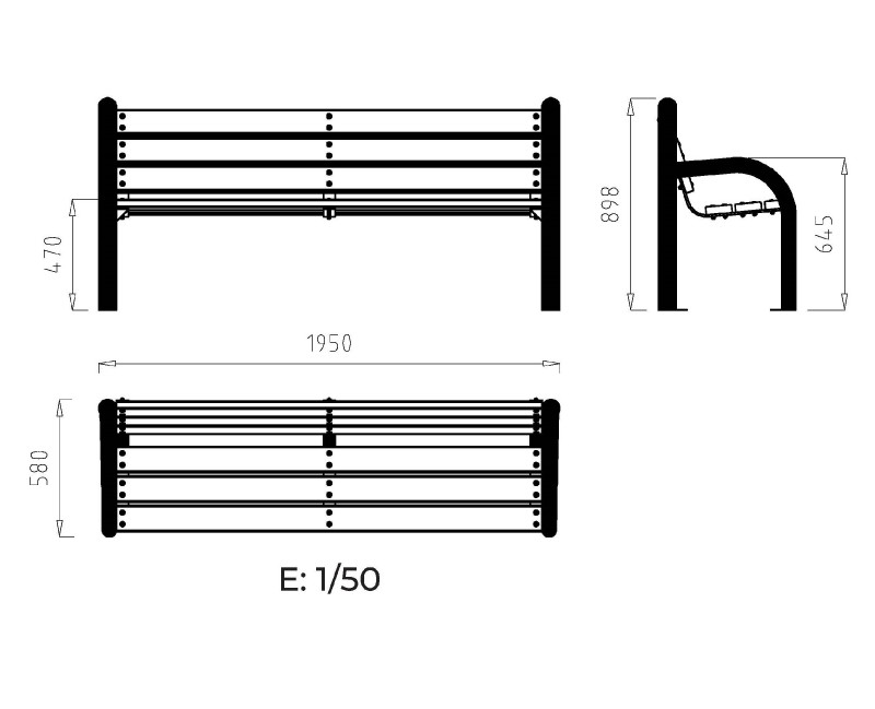 Banc public piétement acier galvanisé et lames bois tropical 1.95 m