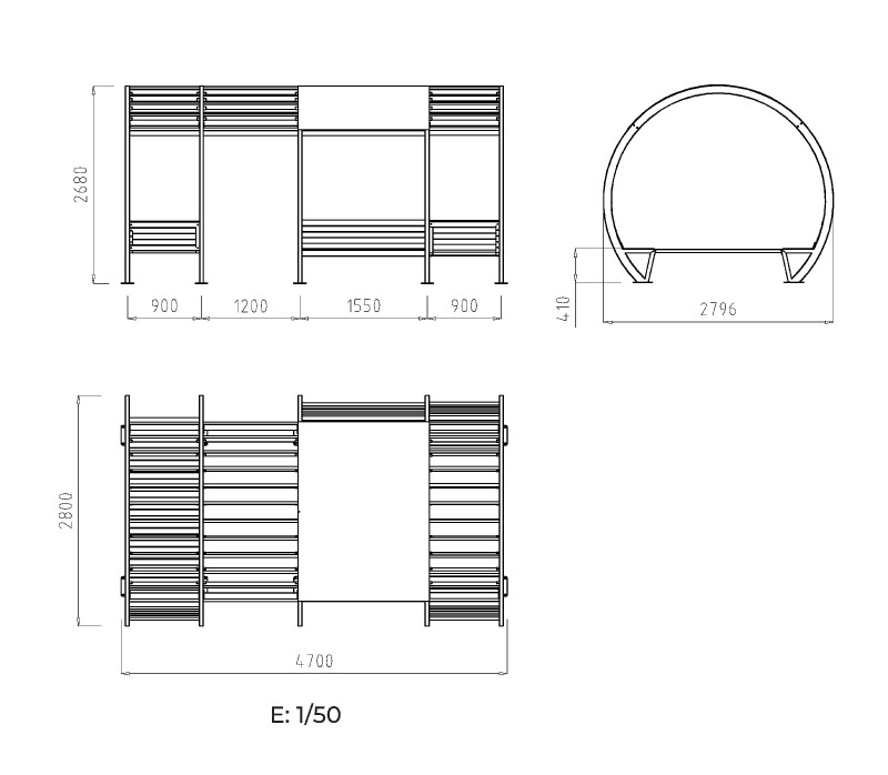 Banc public sans accoudoirs en bois tropical 3.60m