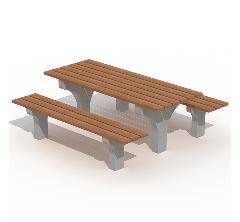 Table moderne avec pied en béton et bois tropical
