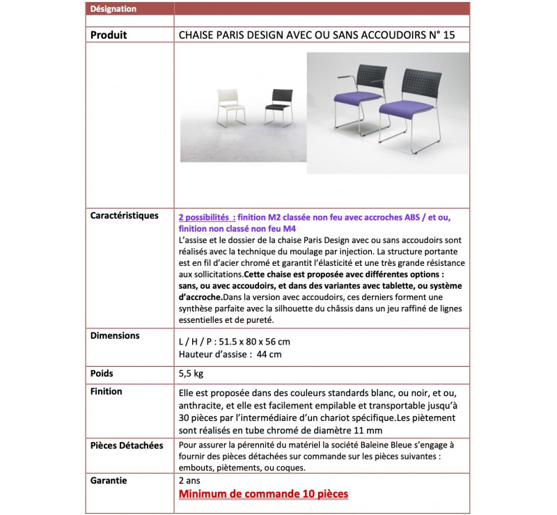 Chaise Paris Design ORANGE avec, ou sans accoudoirs
