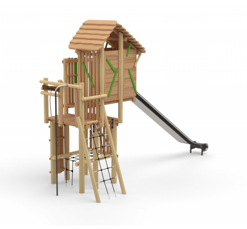 La tour des chevaliers avec toboggan et mât de pompier en inox