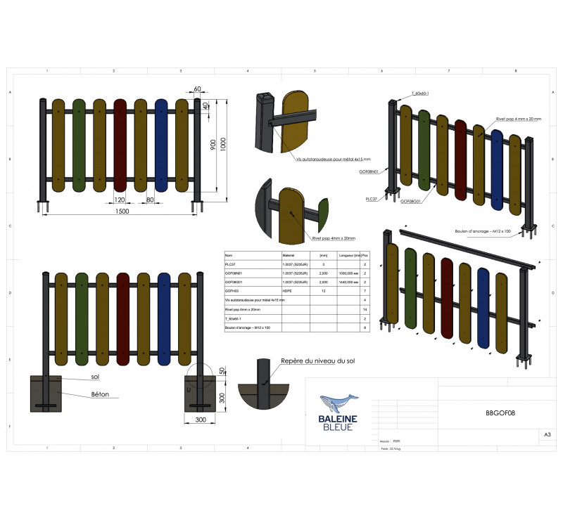 Barrière multicolore pour aires de jeux