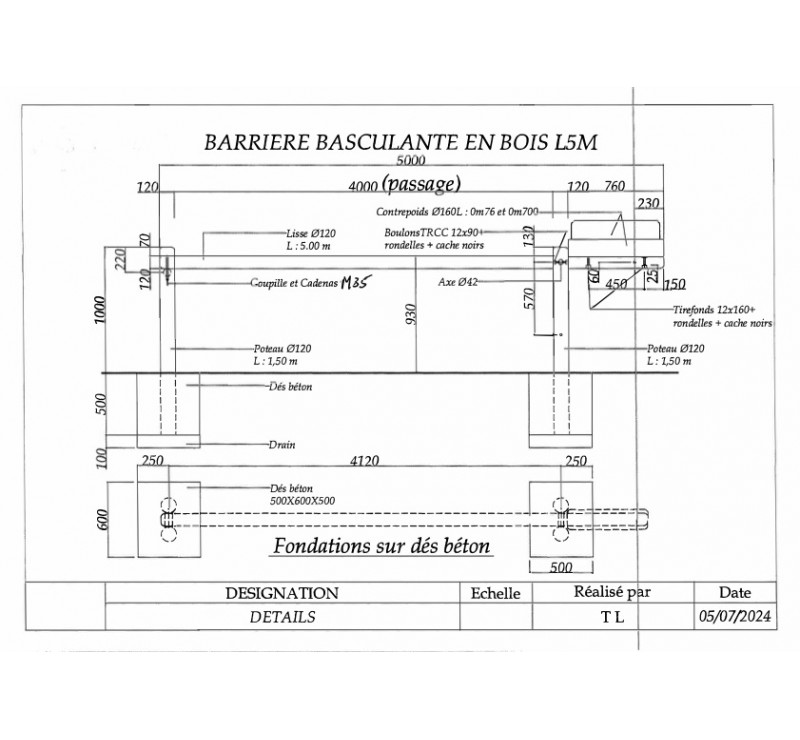 Barrière basculante longueur 5 mètres