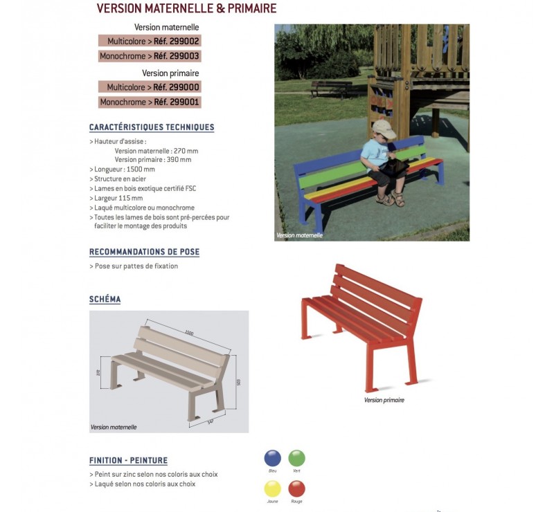 Banc multicolore ou monochrome pour école maternelle